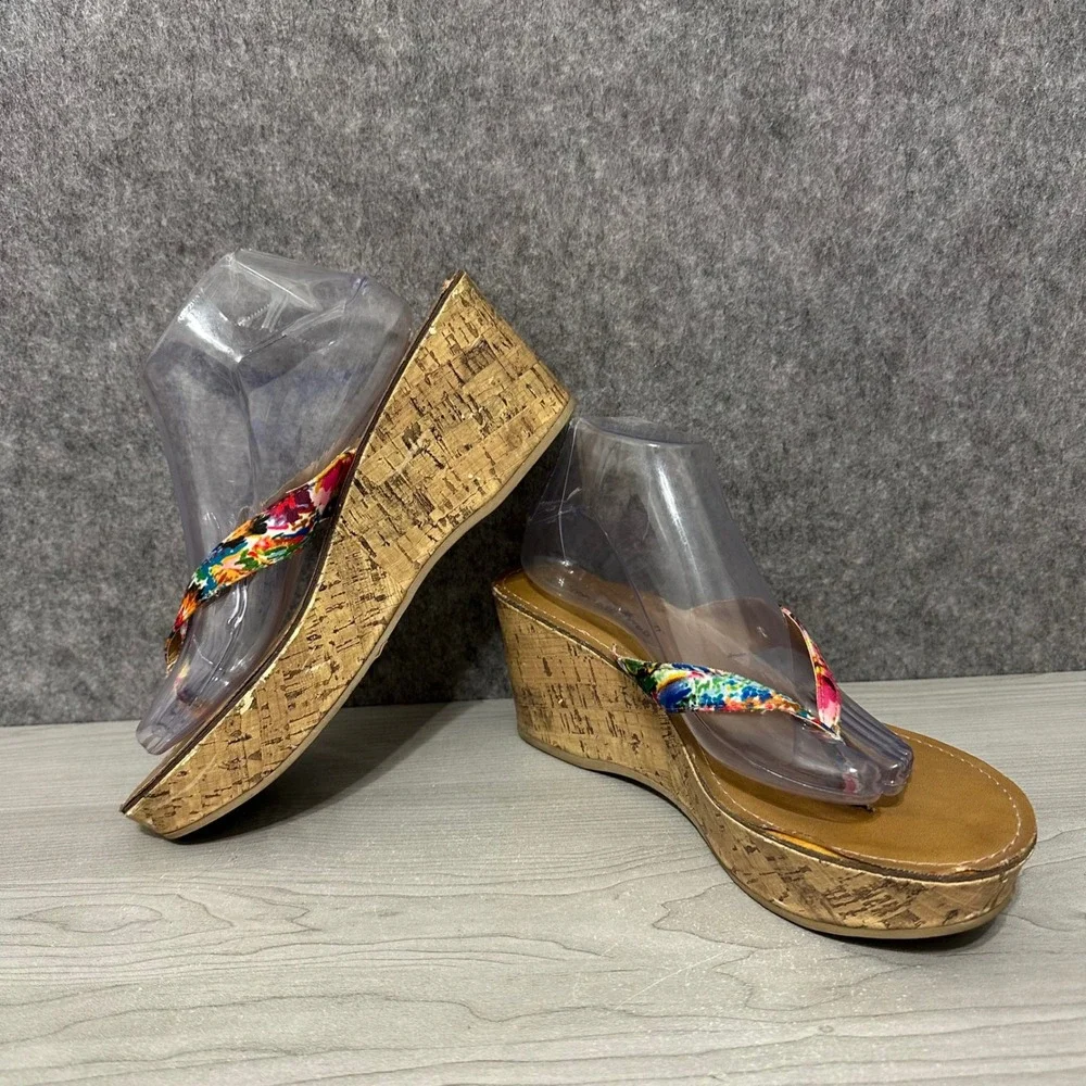 Montego Bay Club Womens Sz 10 Multicolor Floral Cork‎ Wedge Thong Sandals